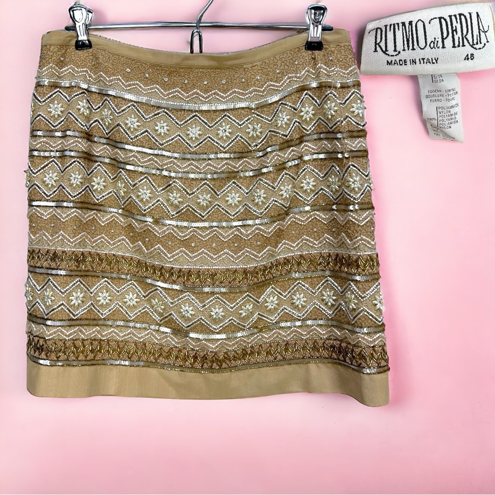 Vtg 90's Designer RITMO Di PERLA Tan/Gold Silk Sequin Beaded Skirt (IT Sz 48)